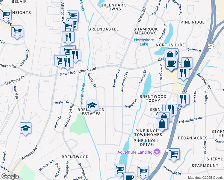 map of restaurants, bars, coffee shops, grocery stores, and more near 3705 Huntleigh Drive in Raleigh