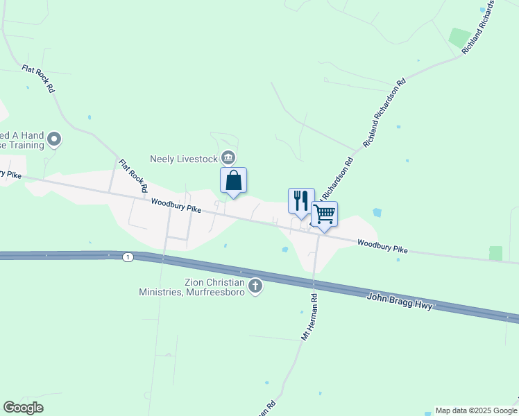 map of restaurants, bars, coffee shops, grocery stores, and more near 4329 Woodbury Pike in Murfreesboro
