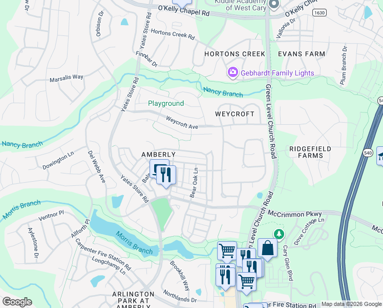 map of restaurants, bars, coffee shops, grocery stores, and more near 2137 Bluff Oak Drive in Cary