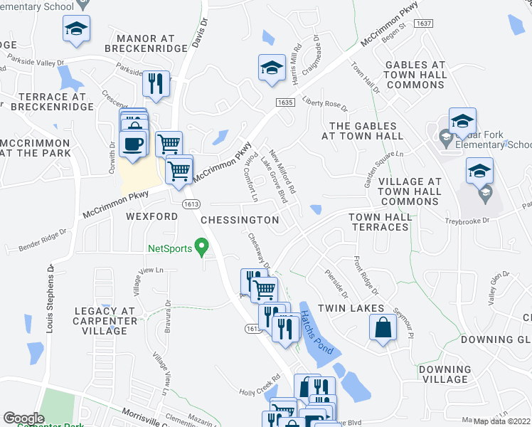 map of restaurants, bars, coffee shops, grocery stores, and more near 3013 Freeport Drive in Cary