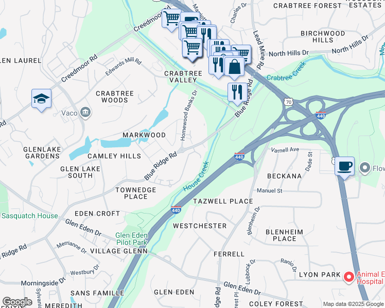 map of restaurants, bars, coffee shops, grocery stores, and more near 3950 Fairsted Drive in Raleigh
