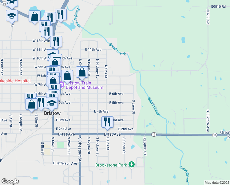 map of restaurants, bars, coffee shops, grocery stores, and more near 619 East 6th Avenue in Bristow