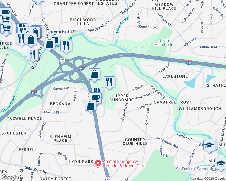 map of restaurants, bars, coffee shops, grocery stores, and more near Tucker Oaks Lane in Raleigh