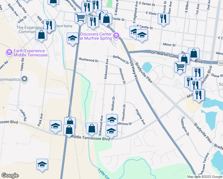 map of restaurants, bars, coffee shops, grocery stores, and more near 1006 Walton Drive in Murfreesboro
