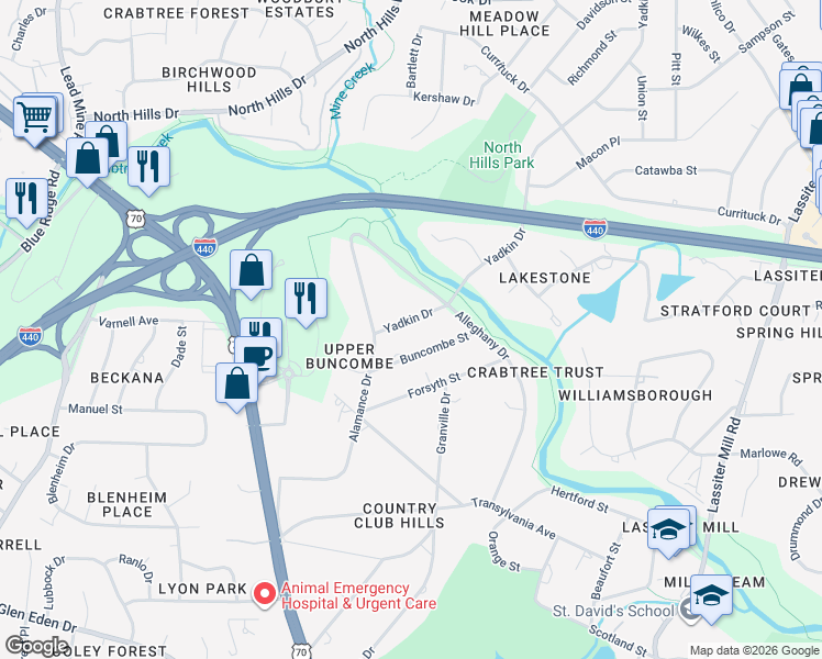 map of restaurants, bars, coffee shops, grocery stores, and more near 335 Yadkin Drive in Raleigh
