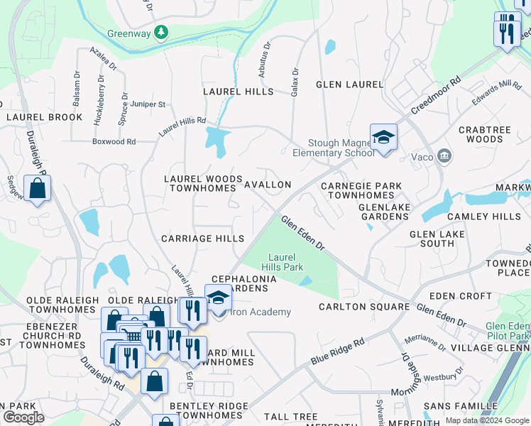 map of restaurants, bars, coffee shops, grocery stores, and more near 3920 Essex Garden Lane in Raleigh