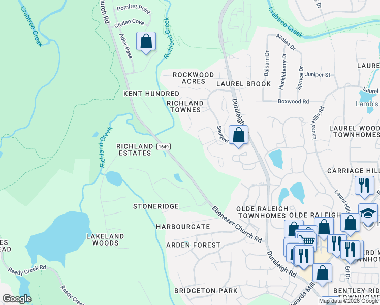 map of restaurants, bars, coffee shops, grocery stores, and more near 4020 Ebenezer Church Road in Raleigh