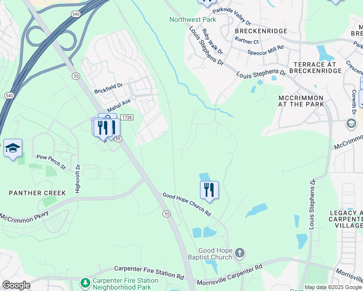 map of restaurants, bars, coffee shops, grocery stores, and more near 4149 Lofty Ridge Place in Morrisville
