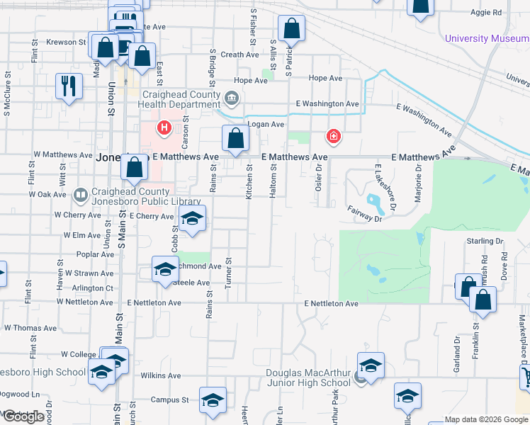 map of restaurants, bars, coffee shops, grocery stores, and more near 511 South Main Street in Jonesboro