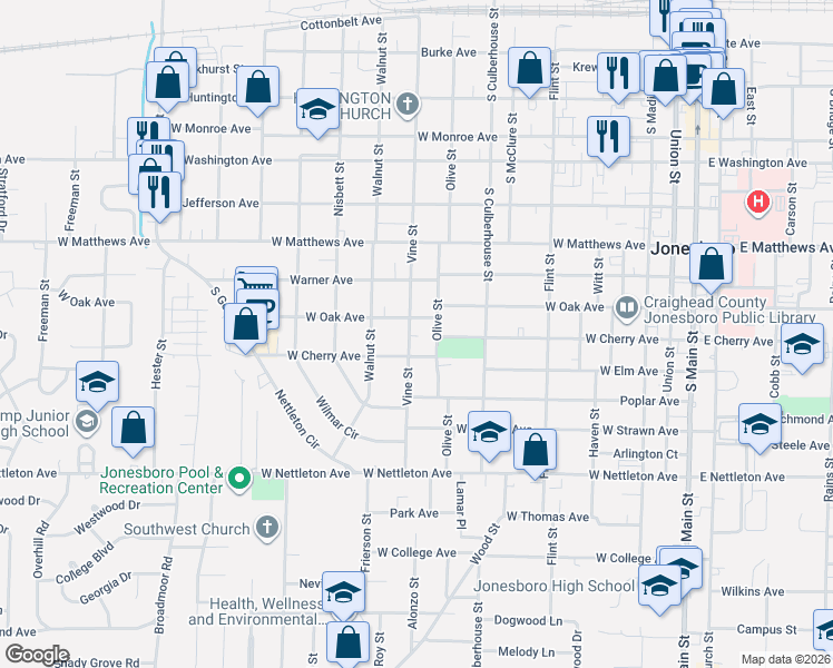 map of restaurants, bars, coffee shops, grocery stores, and more near 833 West Oak Avenue in Jonesboro
