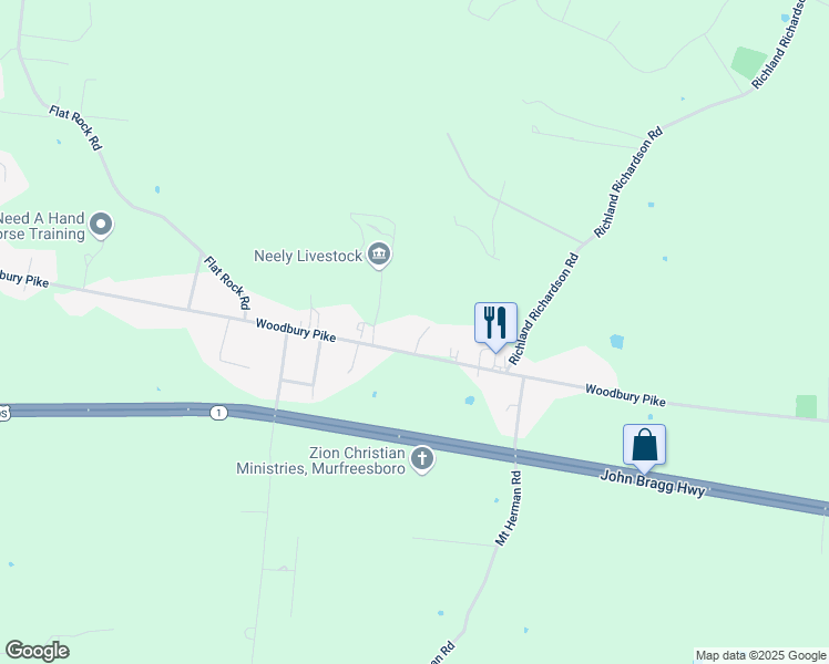 map of restaurants, bars, coffee shops, grocery stores, and more near 4329 Woodbury Pike in Murfreesboro
