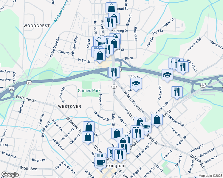 map of restaurants, bars, coffee shops, grocery stores, and more near 521 Salem Street in Lexington