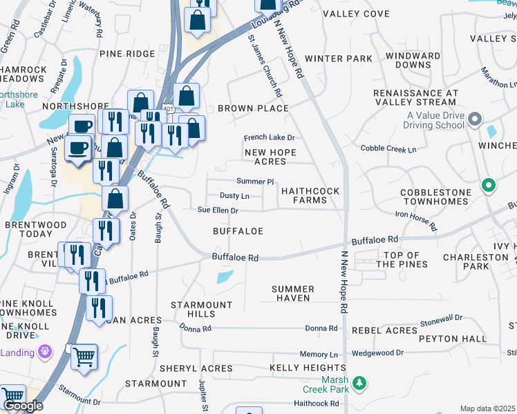 map of restaurants, bars, coffee shops, grocery stores, and more near 3901 Westra Drive in Raleigh