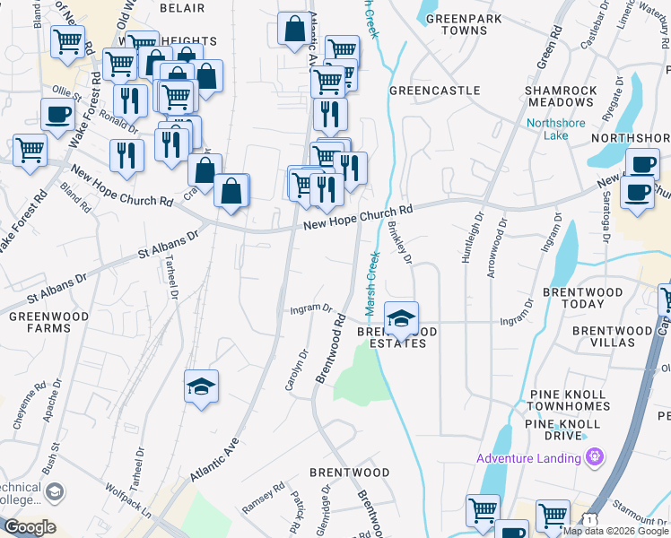 map of restaurants, bars, coffee shops, grocery stores, and more near 3217 Broyhill Circle in Raleigh