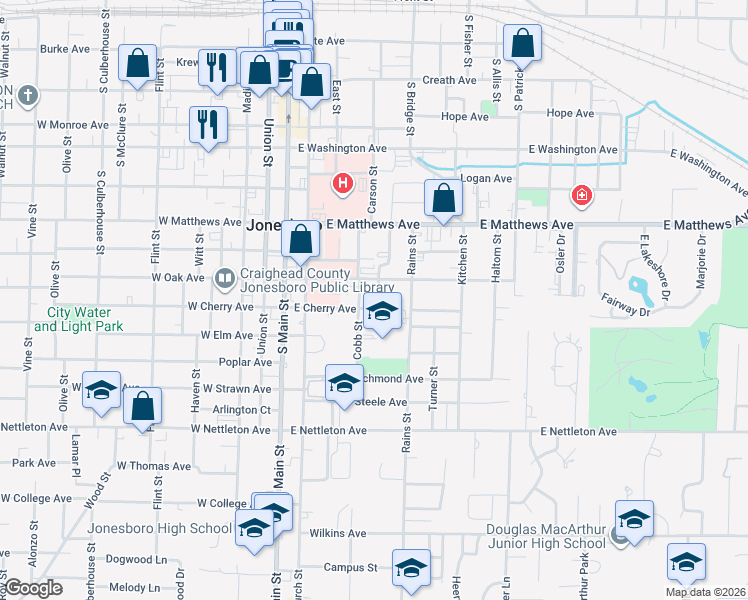 map of restaurants, bars, coffee shops, grocery stores, and more near 1005 Cobb Street in Jonesboro