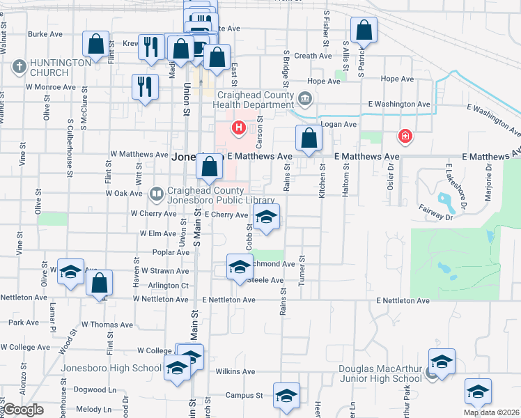 map of restaurants, bars, coffee shops, grocery stores, and more near 1005 Cobb Street in Jonesboro