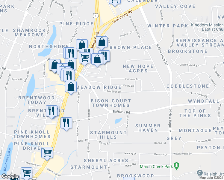 map of restaurants, bars, coffee shops, grocery stores, and more near 3904 Falmouth Drive in Raleigh