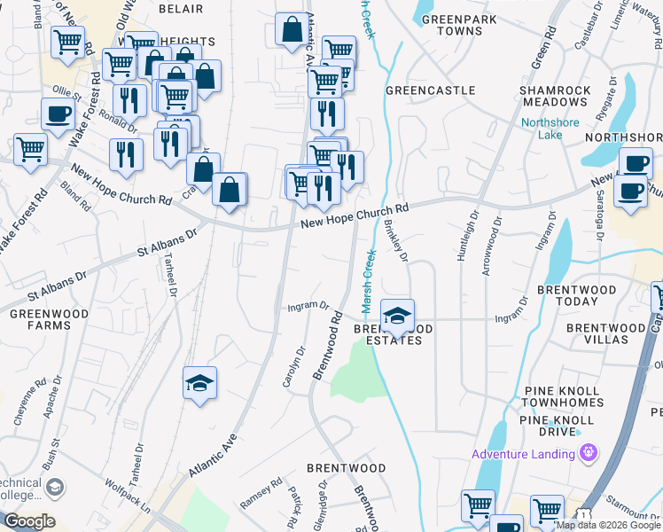 map of restaurants, bars, coffee shops, grocery stores, and more near 3217 Broyhill Circle in Raleigh