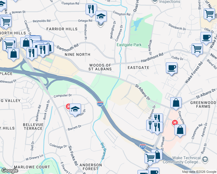 map of restaurants, bars, coffee shops, grocery stores, and more near 600 Saint Albans Drive in Raleigh