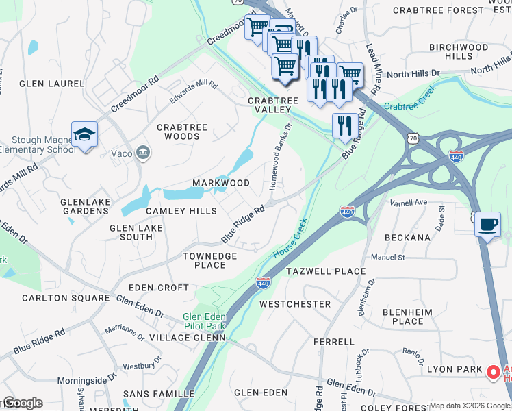 map of restaurants, bars, coffee shops, grocery stores, and more near 3915 Blue Ridge Road in Raleigh