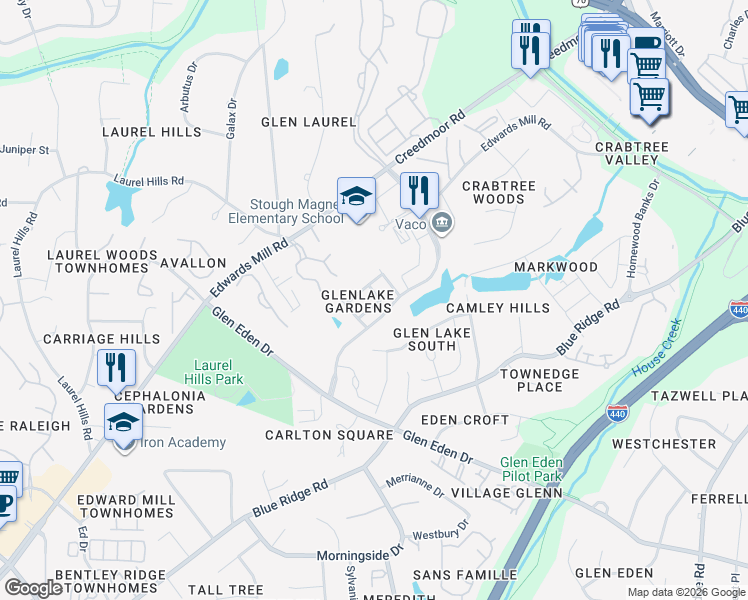 map of restaurants, bars, coffee shops, grocery stores, and more near 3932 Rock Rose Lane in Raleigh