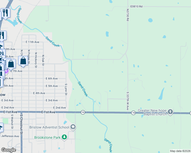 map of restaurants, bars, coffee shops, grocery stores, and more near 34164 E0815 Road in Bristow