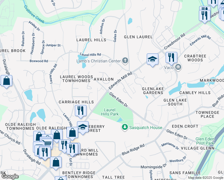 map of restaurants, bars, coffee shops, grocery stores, and more near 3409 Mill Tree Road in Raleigh