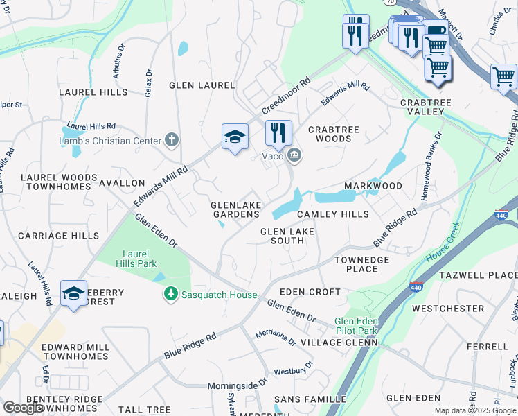 map of restaurants, bars, coffee shops, grocery stores, and more near 3900 Rock Rose Lane in Raleigh