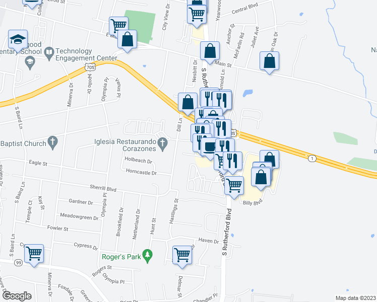 map of restaurants, bars, coffee shops, grocery stores, and more near 531 Dill Lane in Murfreesboro