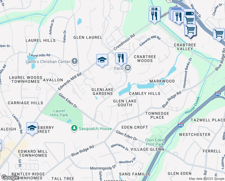 map of restaurants, bars, coffee shops, grocery stores, and more near 3900 Rock Rose Lane in Raleigh