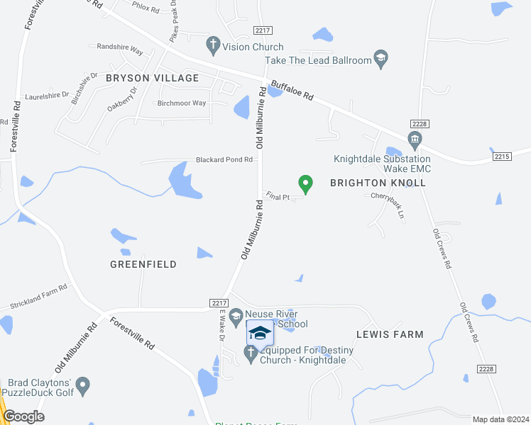 map of restaurants, bars, coffee shops, grocery stores, and more near Old Milburnie Road in Raleigh