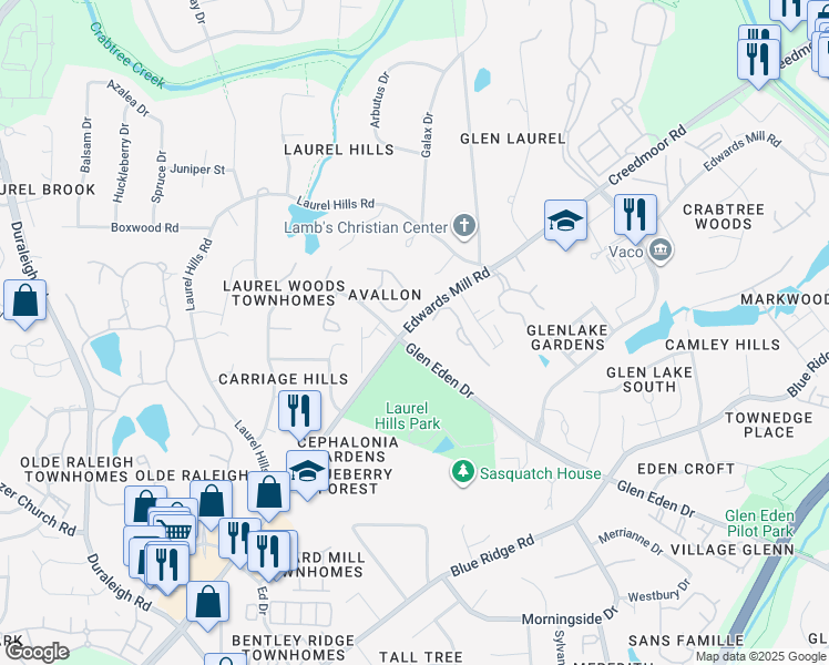 map of restaurants, bars, coffee shops, grocery stores, and more near 3500 Mill Tree Road in Raleigh