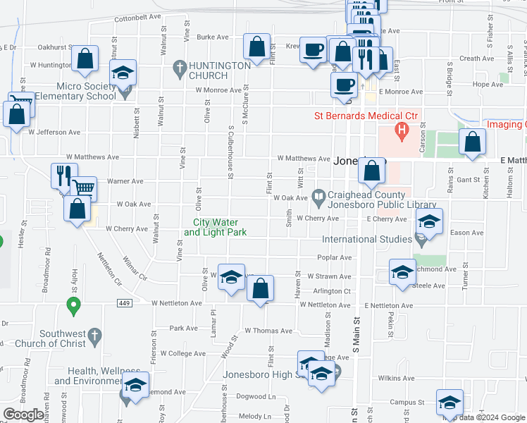 map of restaurants, bars, coffee shops, grocery stores, and more near 1003 Flint Street in Jonesboro