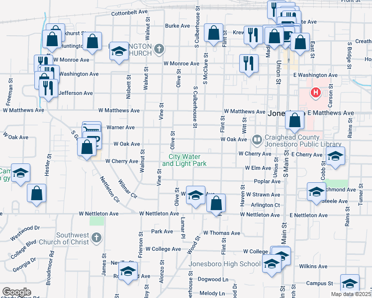 map of restaurants, bars, coffee shops, grocery stores, and more near 710 West Cherry Avenue in Jonesboro