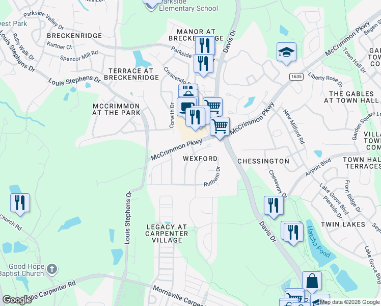map of restaurants, bars, coffee shops, grocery stores, and more near 100 Paxford Court in Morrisville