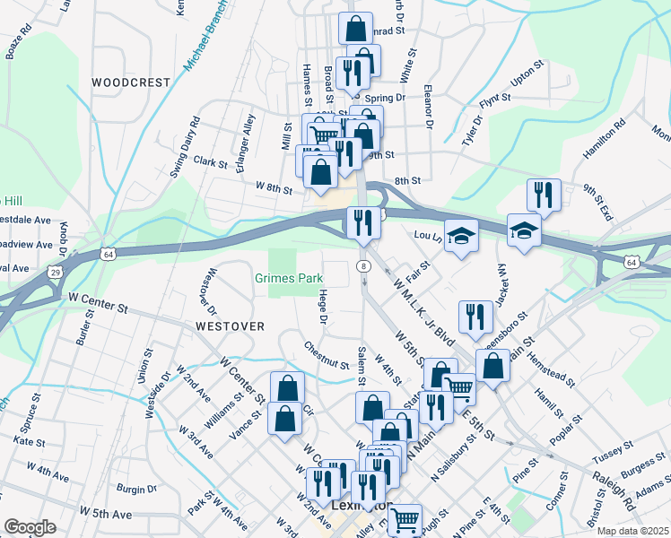 map of restaurants, bars, coffee shops, grocery stores, and more near 22 Grimes Circle in Lexington