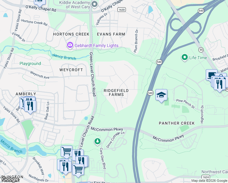 map of restaurants, bars, coffee shops, grocery stores, and more near 7418 Ridgefield Drive in Cary