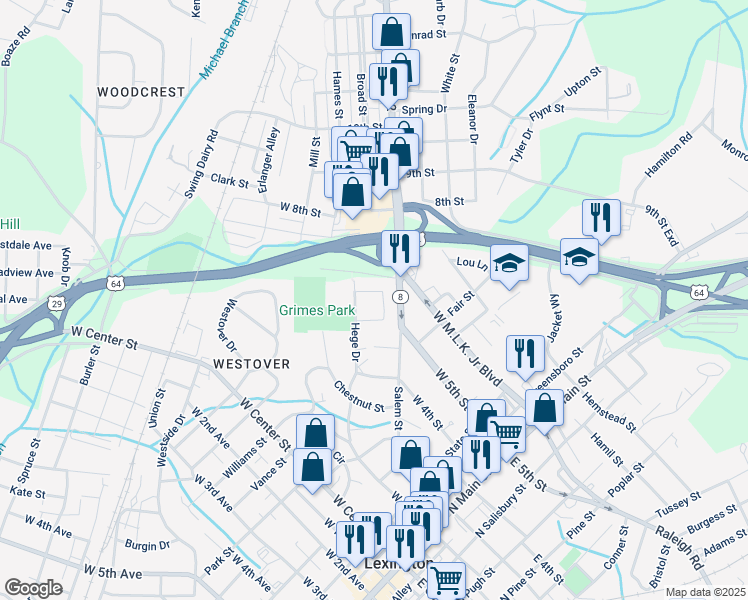 map of restaurants, bars, coffee shops, grocery stores, and more near 22 Grimes Circle in Lexington