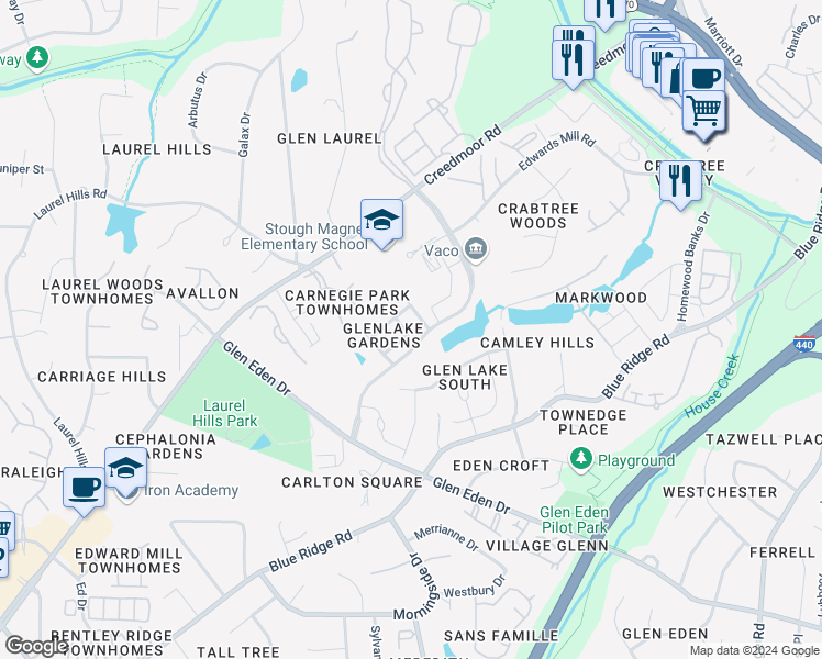 map of restaurants, bars, coffee shops, grocery stores, and more near 3912 Rock Rose Lane in Raleigh