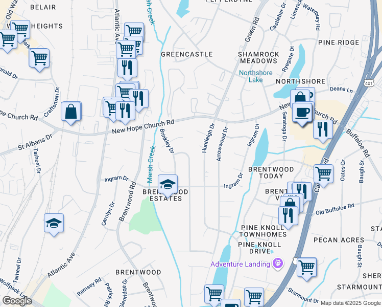 map of restaurants, bars, coffee shops, grocery stores, and more near 3636 Allendale Drive in Raleigh