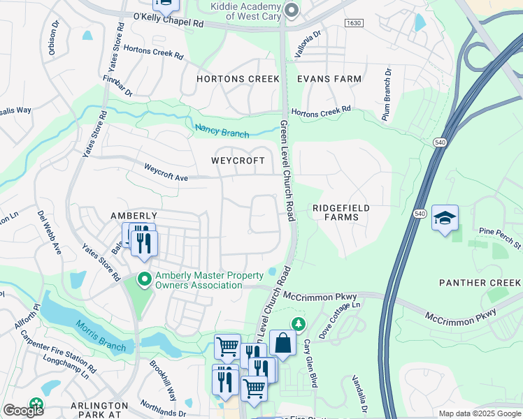 map of restaurants, bars, coffee shops, grocery stores, and more near 609 Cottsmore Court in Cary