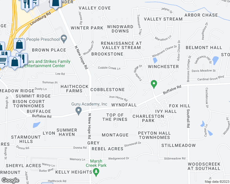 map of restaurants, bars, coffee shops, grocery stores, and more near 4220 Old Brick Court in Raleigh