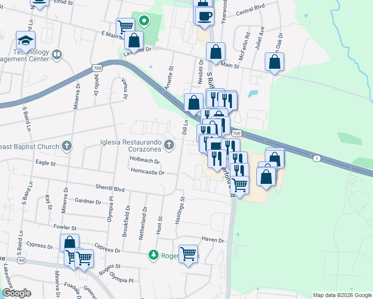 map of restaurants, bars, coffee shops, grocery stores, and more near 531 Dill Lane in Murfreesboro