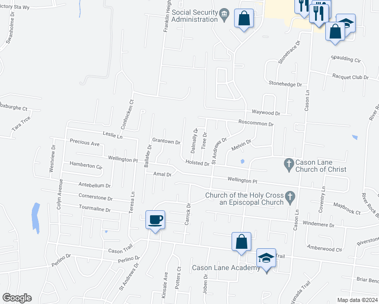 map of restaurants, bars, coffee shops, grocery stores, and more near 1288 Dalmally Drive in Murfreesboro