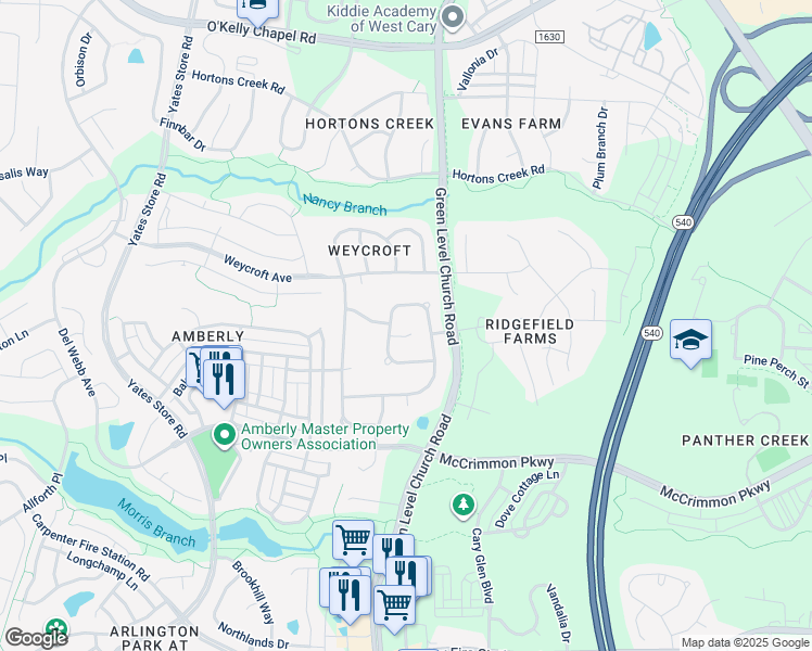 map of restaurants, bars, coffee shops, grocery stores, and more near 609 Cottsmore Court in Cary