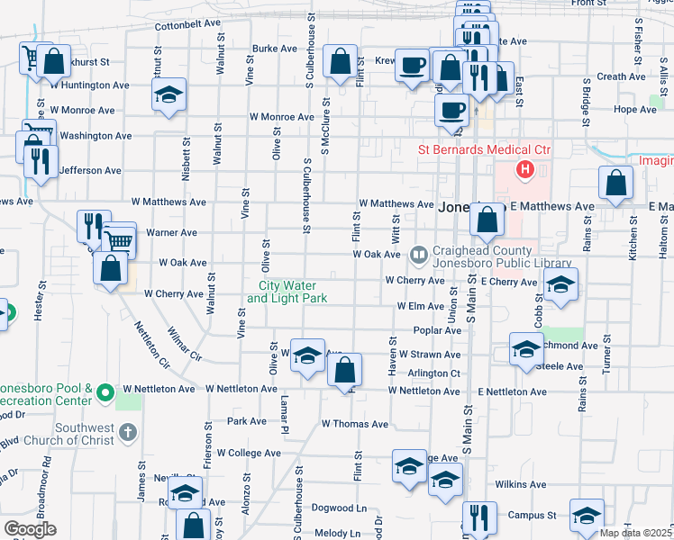 map of restaurants, bars, coffee shops, grocery stores, and more near 612 West Cherry Avenue in Jonesboro