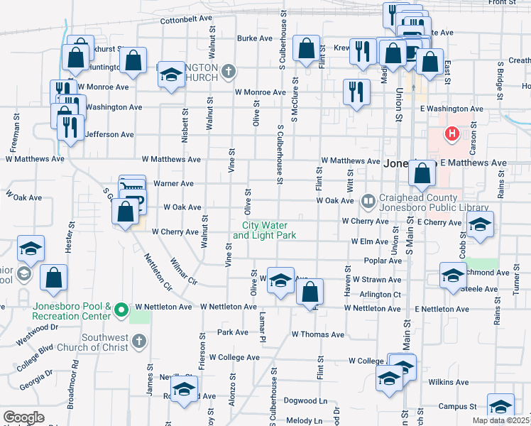map of restaurants, bars, coffee shops, grocery stores, and more near 710 West Cherry Avenue in Jonesboro