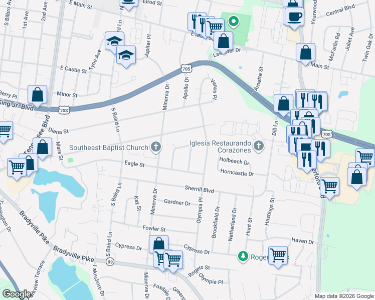map of restaurants, bars, coffee shops, grocery stores, and more near 1902 Wren Street in Murfreesboro