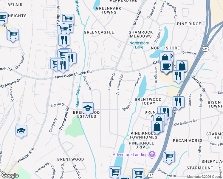 map of restaurants, bars, coffee shops, grocery stores, and more near 3716 Huntleigh Drive in Raleigh