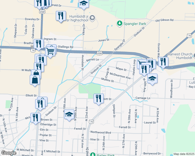 map of restaurants, bars, coffee shops, grocery stores, and more near 2215 Mullins Street in Humboldt